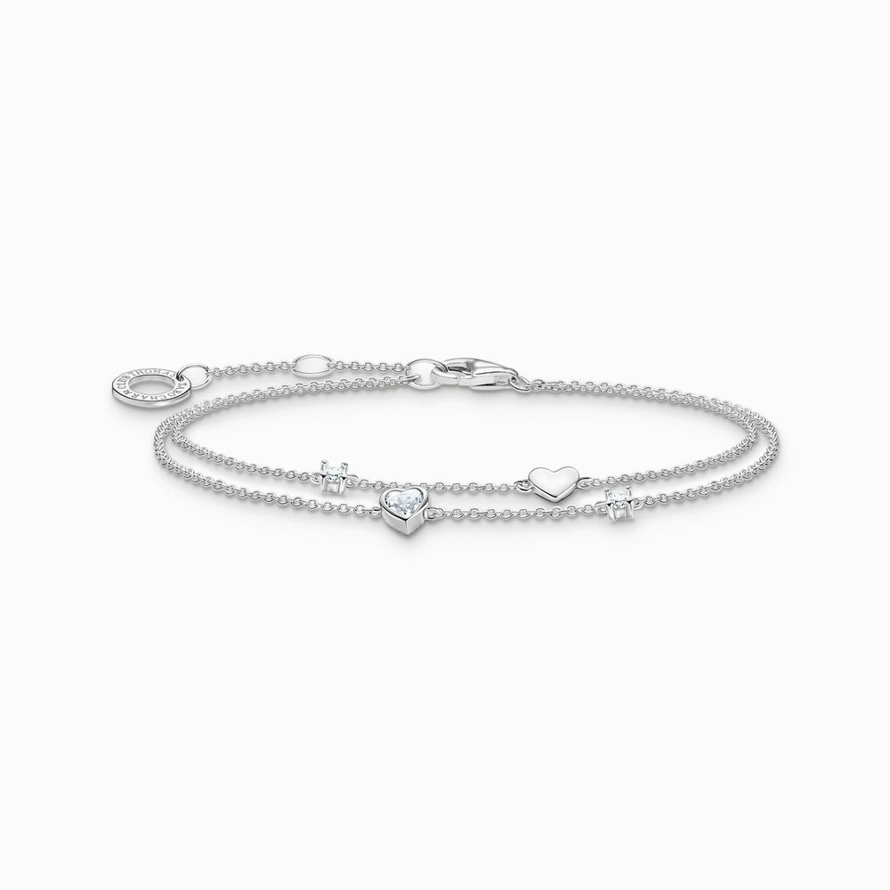 STERLING SILVER LAYERED BRACELET WITH HEARTS AND WHITE ZIRCONIA