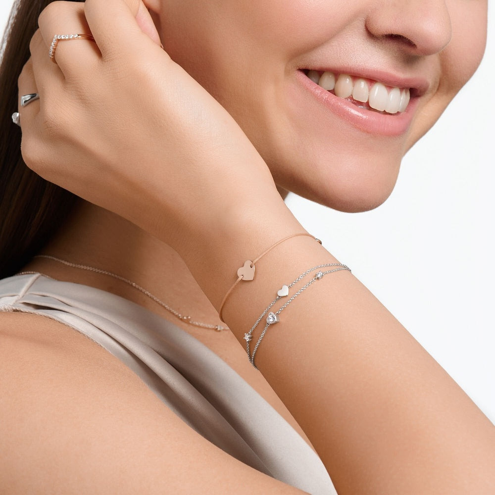STERLING SILVER LAYERED BRACELET WITH HEARTS AND WHITE ZIRCONIA