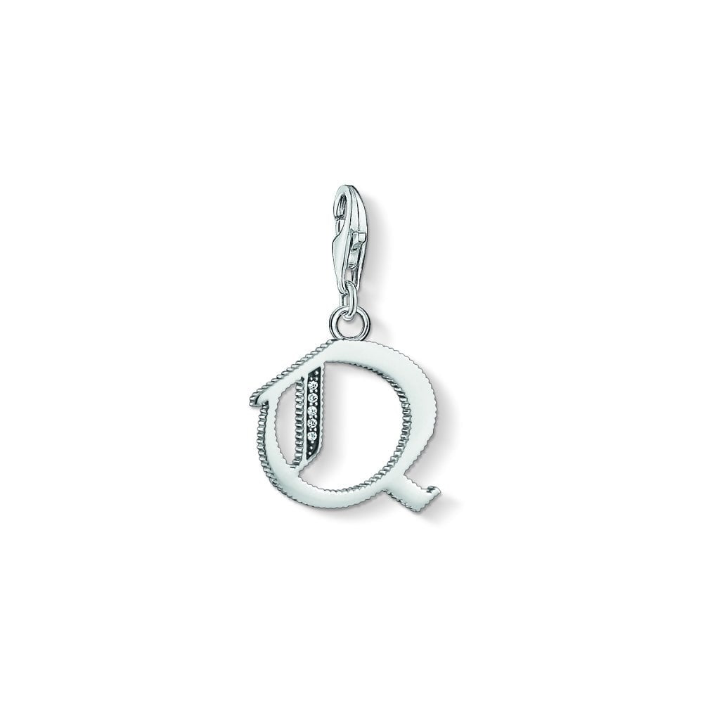 STERLING SILVER LETTER "Q" CHARM PENDANT, VINTAGE STYLE WITH CUBIC ZIRCONIA.