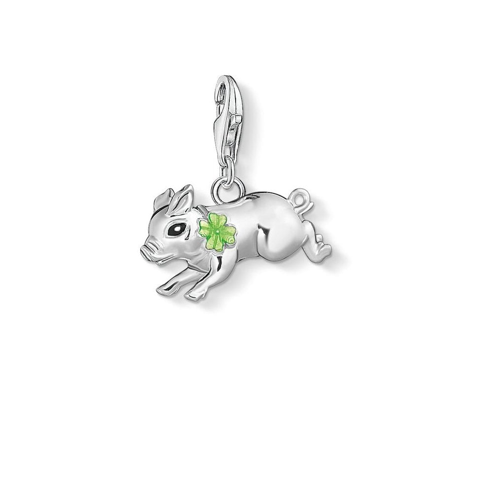 STERLING SILVER "LITTLE PIG" CHARM PENDANT WITH GREEN ENAMEL FOUR LEAF CLOVER