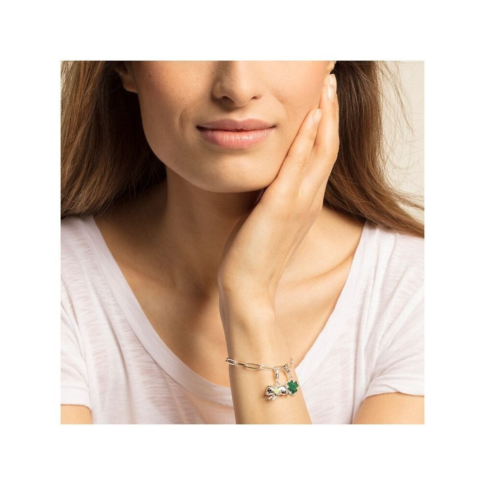 STERLING SILVER "LITTLE PIG" CHARM PENDANT WITH GREEN ENAMEL FOUR LEAF CLOVER