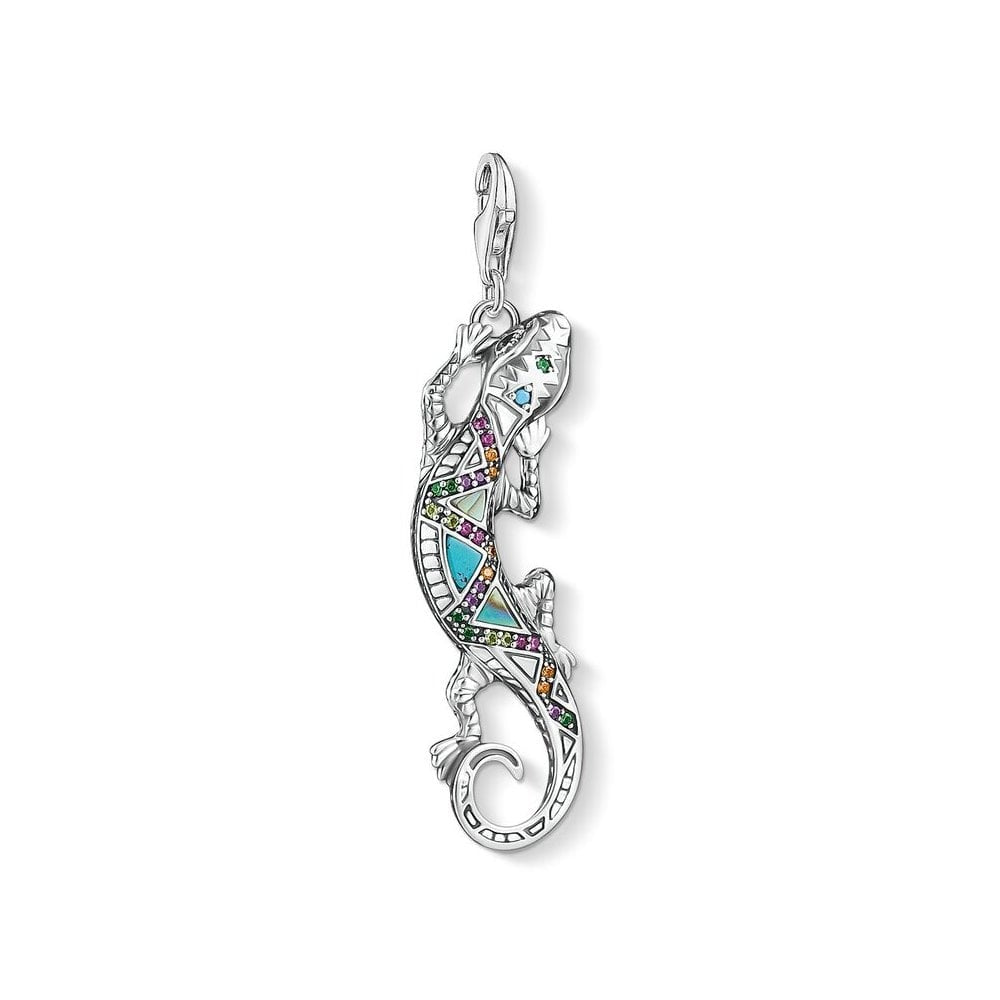 STERLING SILVER LIZARD CHARM PENDANT WITH BRIGHTLY COLOURED STONES & HAND-CUT STONE INLAYS