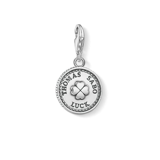 STERLING SILVER "LOVE & LUCK" CLOVERLEAF DISC CHARM PENDANT