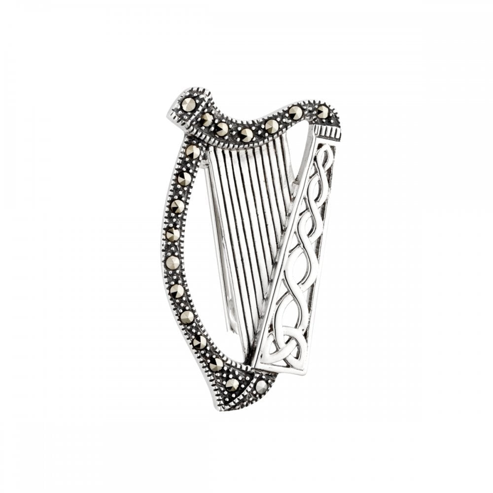 STERLING SILVER MARCASITE HARP BROOCH