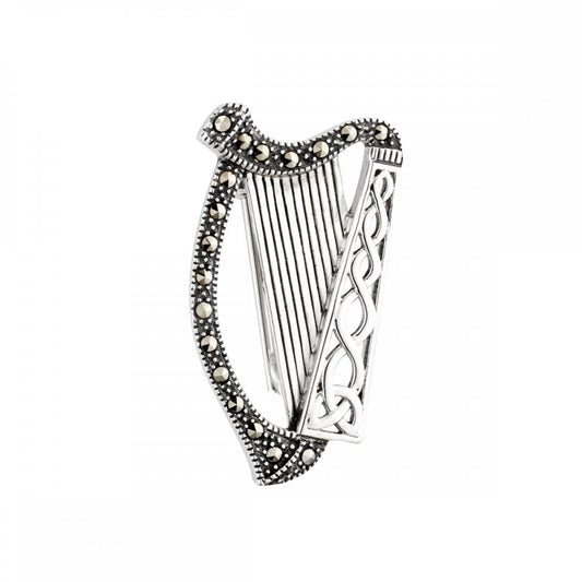 STERLING SILVER MARCASITE HARP BROOCH