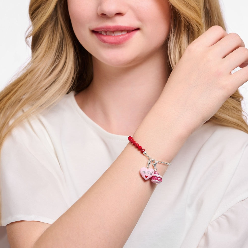 STERLING SILVER MEMBER CHARM BRACELET WITH RED BEADS