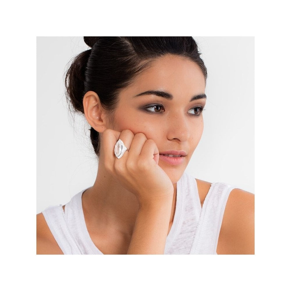STERLING SILVER MILKY QUARTZ MARQUISE SHAPED DRESS RING WITH ZIRCONIA