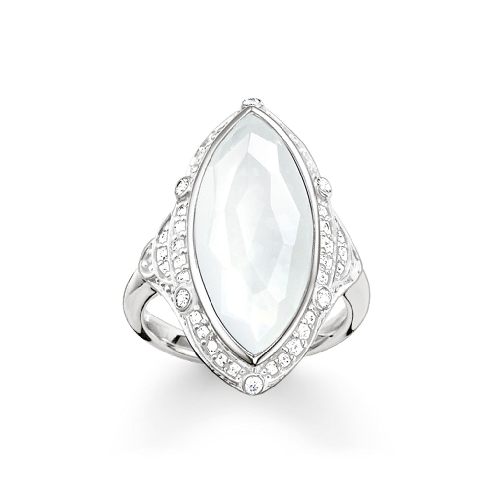 STERLING SILVER MILKY QUARTZ MARQUISE SHAPED DRESS RING WITH ZIRCONIA