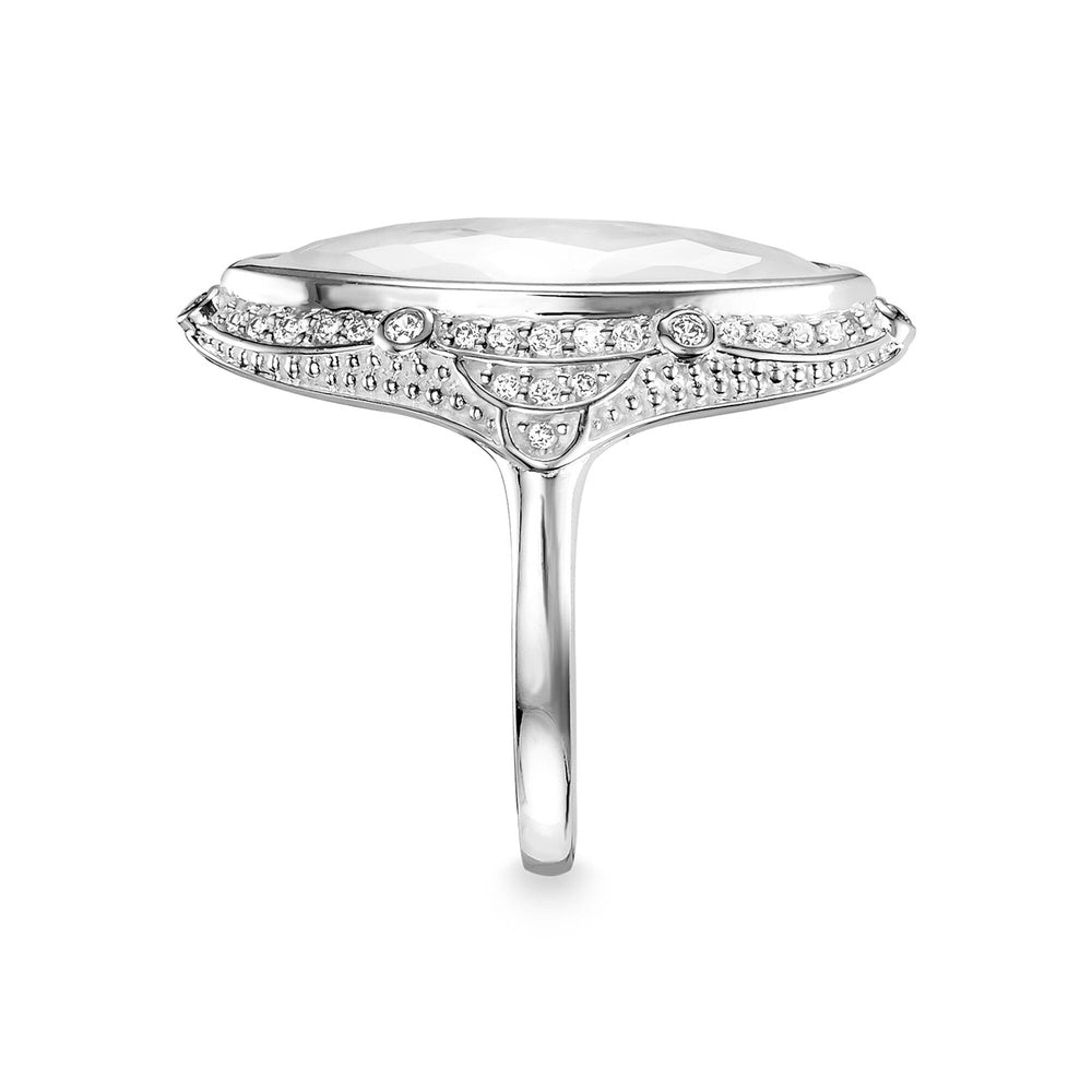STERLING SILVER MILKY QUARTZ MARQUISE SHAPED DRESS RING WITH ZIRCONIA