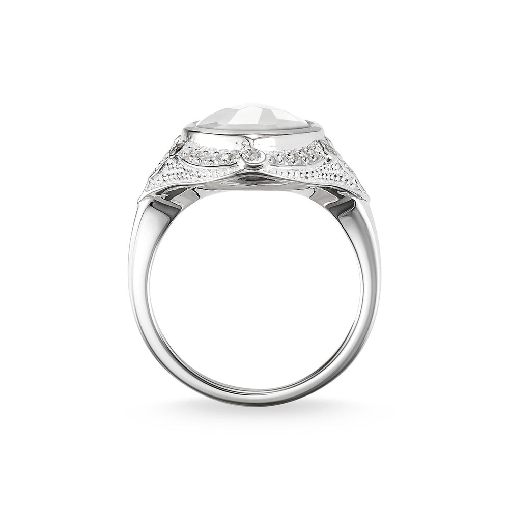 STERLING SILVER MILKY QUARTZ MARQUISE SHAPED DRESS RING WITH ZIRCONIA