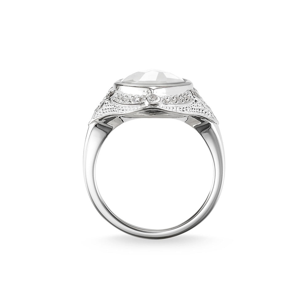 STERLING SILVER MILKY QUARTZ MARQUISE SHAPED DRESS RING WITH ZIRCONIA