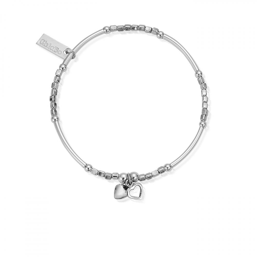 STERLING SILVER MINI NOODLE CUBE WITH TWO HEART CHARM BRACELET
