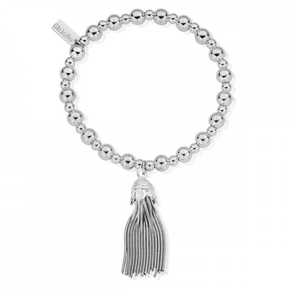 STERLING SILVER MINI SMALL BALL LINKED BRACELET WITH TASSEL CHARM