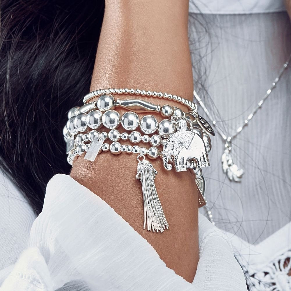 STERLING SILVER MINI SMALL BALL LINKED BRACELET WITH TASSEL CHARM
