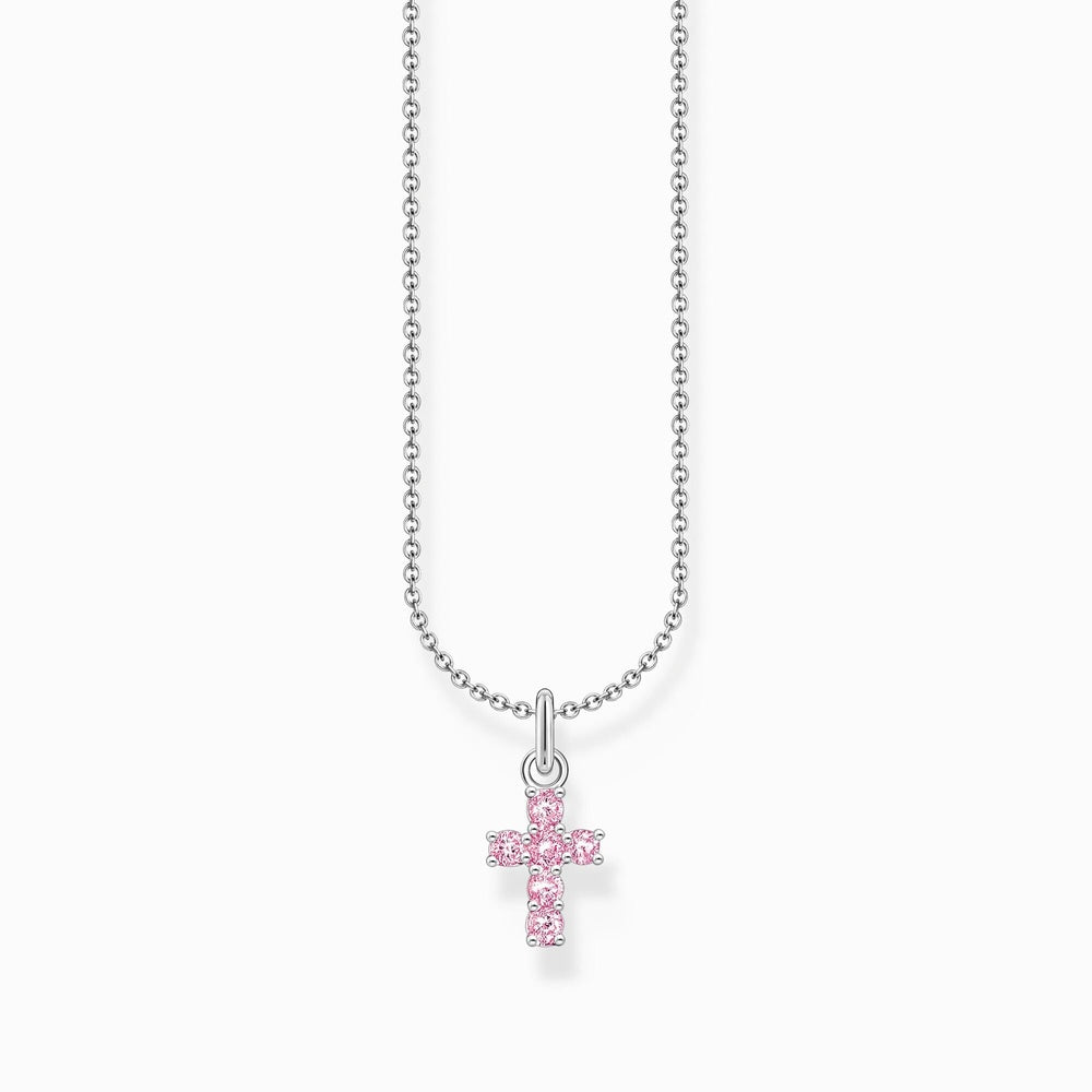 STERLING SILVER NECKLACE WITH CROSS PENDANT AND PINK ZIRCONIA STONES