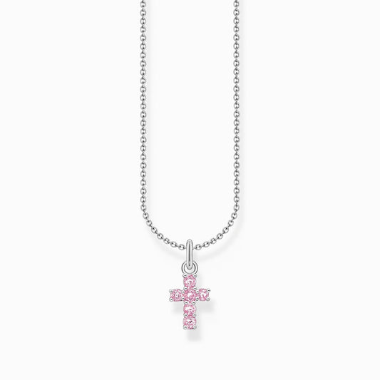STERLING SILVER NECKLACE WITH CROSS PENDANT AND PINK ZIRCONIA STONES