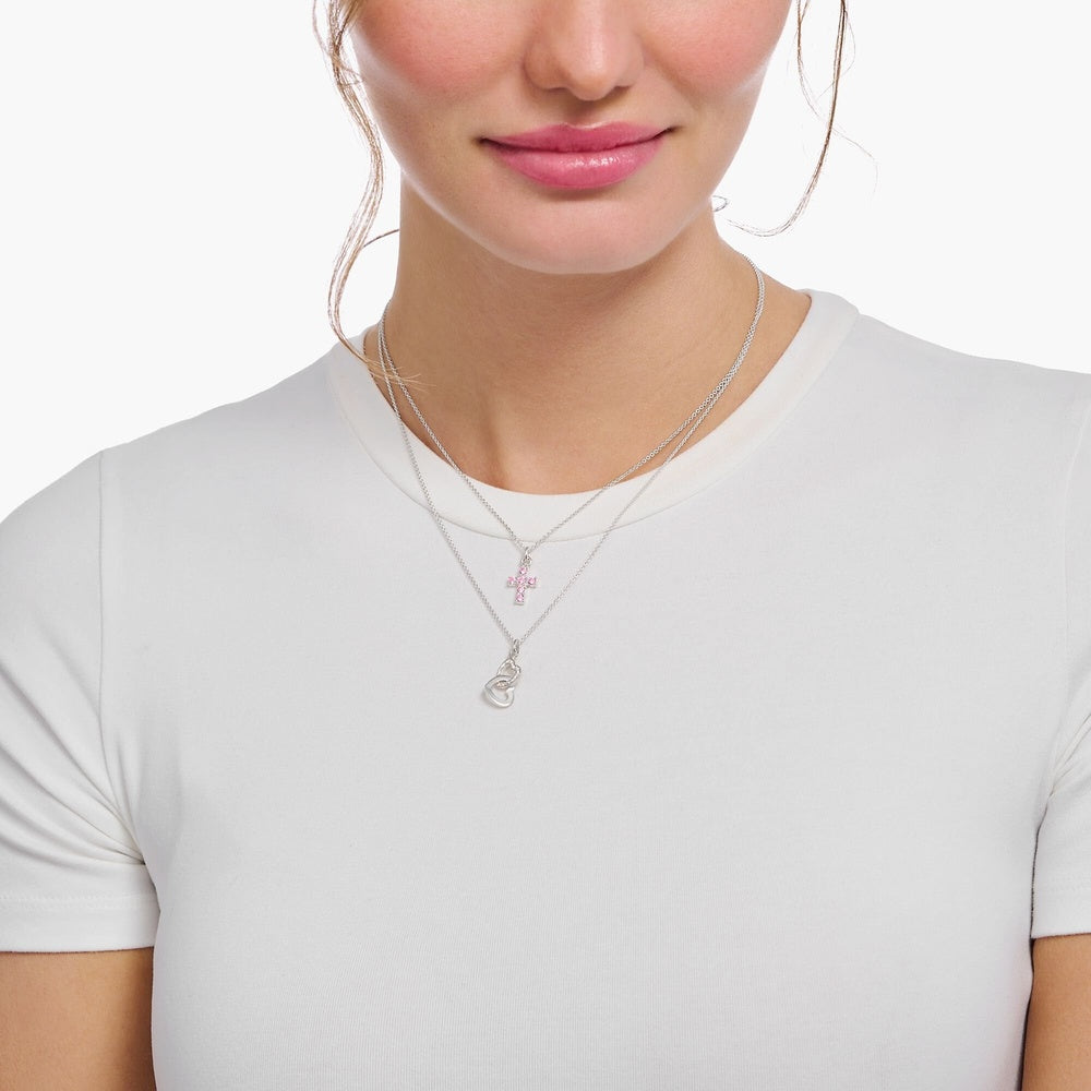STERLING SILVER NECKLACE WITH CROSS PENDANT AND PINK ZIRCONIA STONES