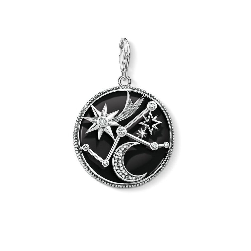 STERLING SILVER ONYX & CZ ASTRO DISC CHARM PENDANT WITH A STARRY SKY
