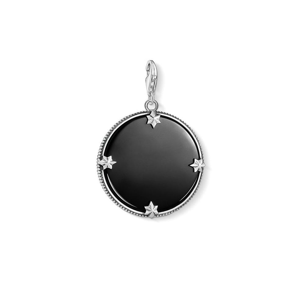 STERLING SILVER ONYX & CZ ASTRO DISC CHARM PENDANT WITH A STARRY SKY