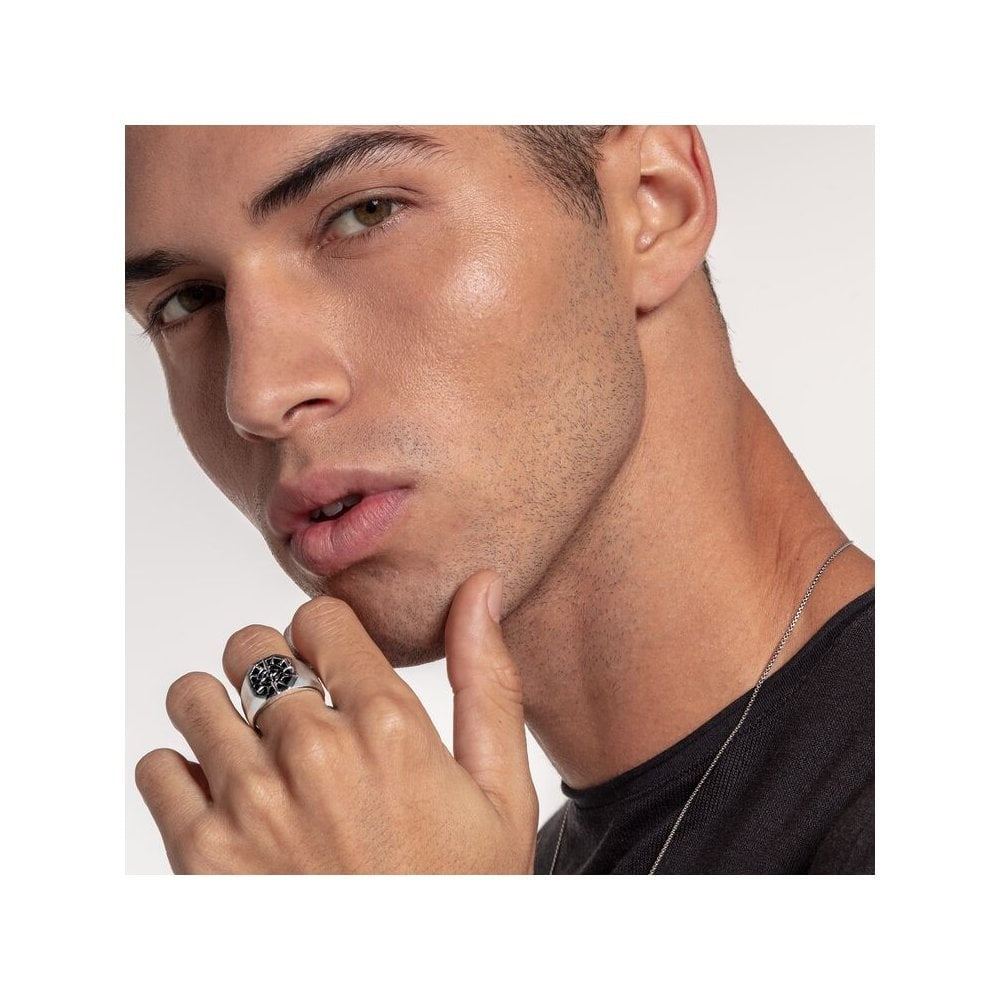 STERLING SILVER ONYX SIGNET RING WITH BLACK ZIRCONIA & A COMPASS DESIGN  