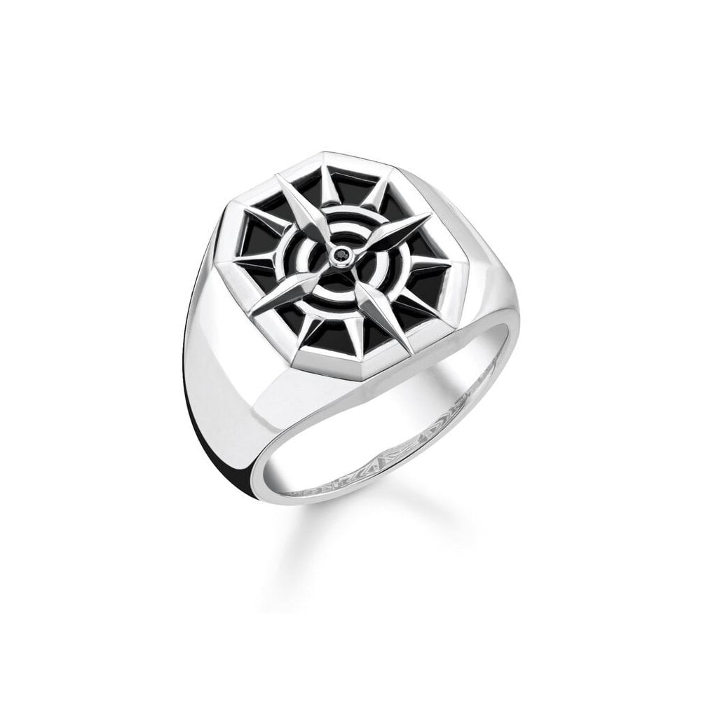 STERLING SILVER ONYX SIGNET RING WITH BLACK ZIRCONIA & A COMPASS DESIGN  