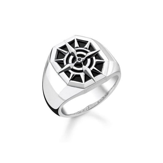 STERLING SILVER ONYX SIGNET RING WITH BLACK ZIRCONIA & A COMPASS DESIGN  