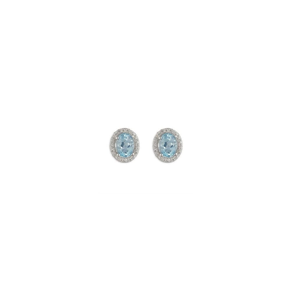 STERLING SILVER OVAL BLUE TOPAZ WITH CUBIC ZIRCONIA HALO STUD EARRINGS