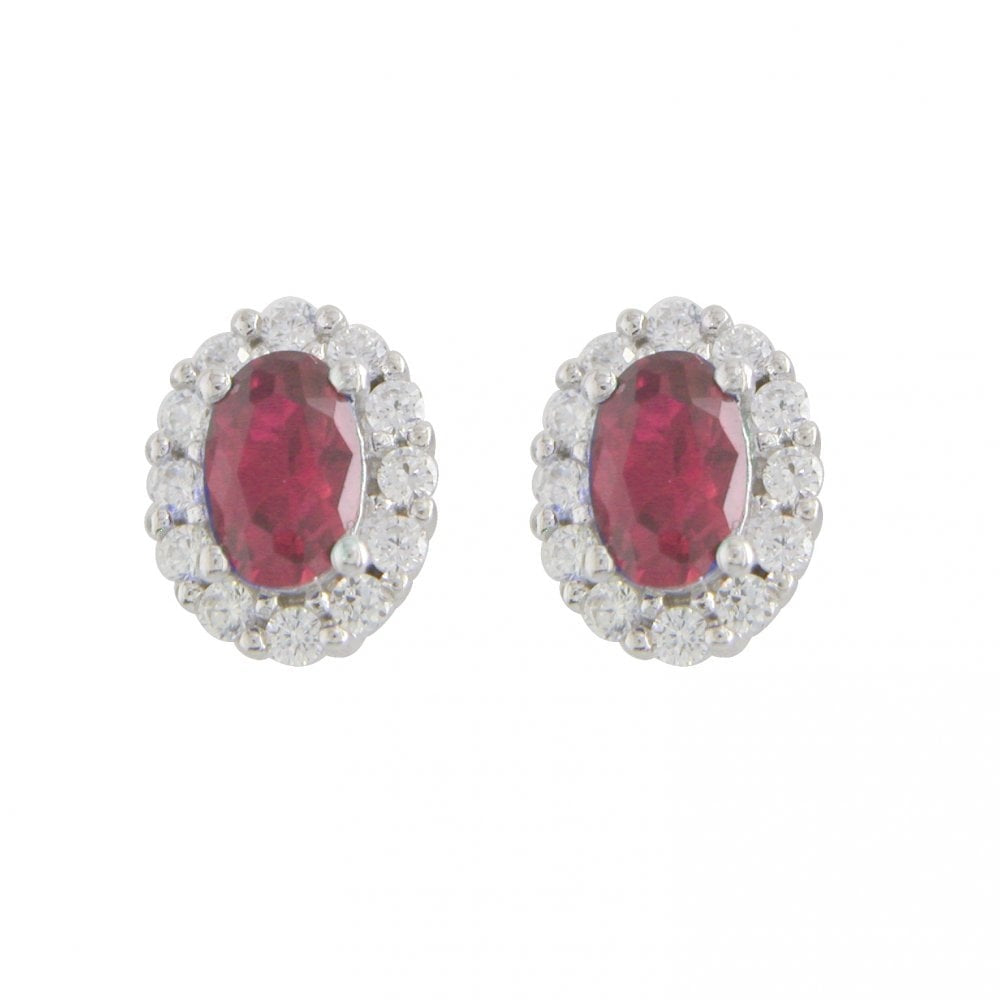 STERLING SILVER OVAL SYNTHETIC RUBY & CUBIC ZIRCONIA STUD EARRINGS