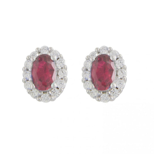 STERLING SILVER OVAL SYNTHETIC RUBY & CUBIC ZIRCONIA STUD EARRINGS