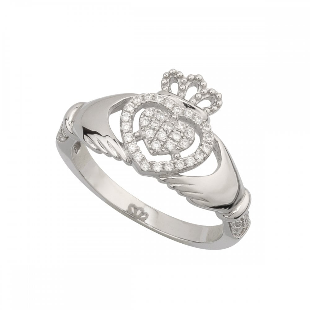 STERLING SILVER PAVE SET CUBIC ZIRCONIA CLADDAGH RING 