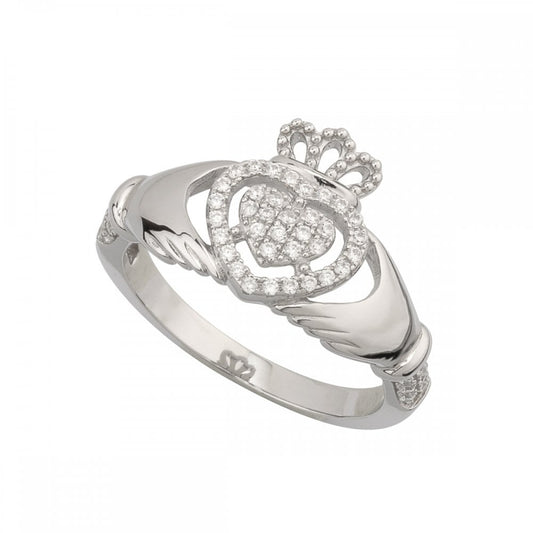 STERLING SILVER PAVE SET CUBIC ZIRCONIA CLADDAGH RING 