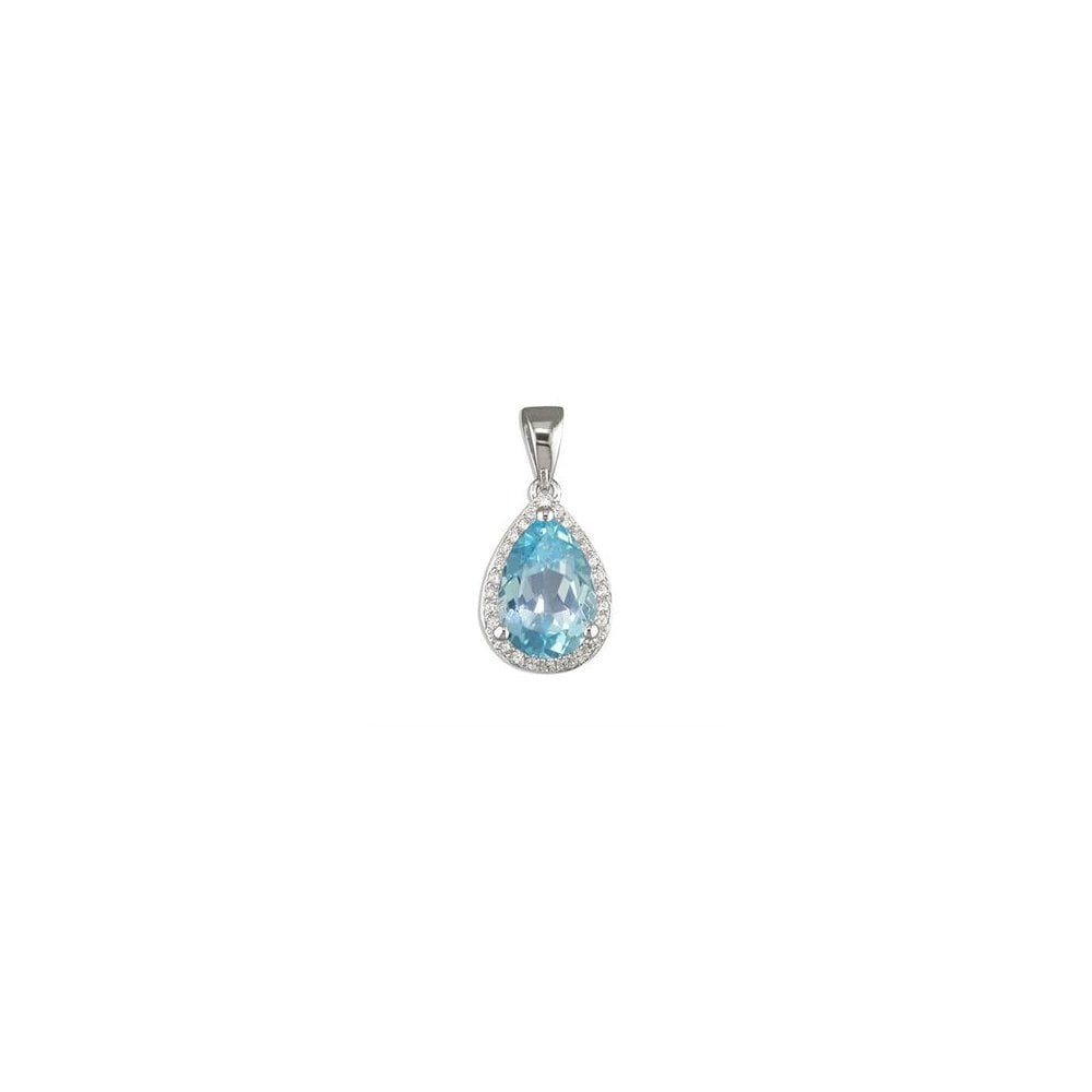 STERLING SILVER PEAR SHAPED BLUE TOPAZ AND CUBIC ZIRCONIA HALO PENDANT