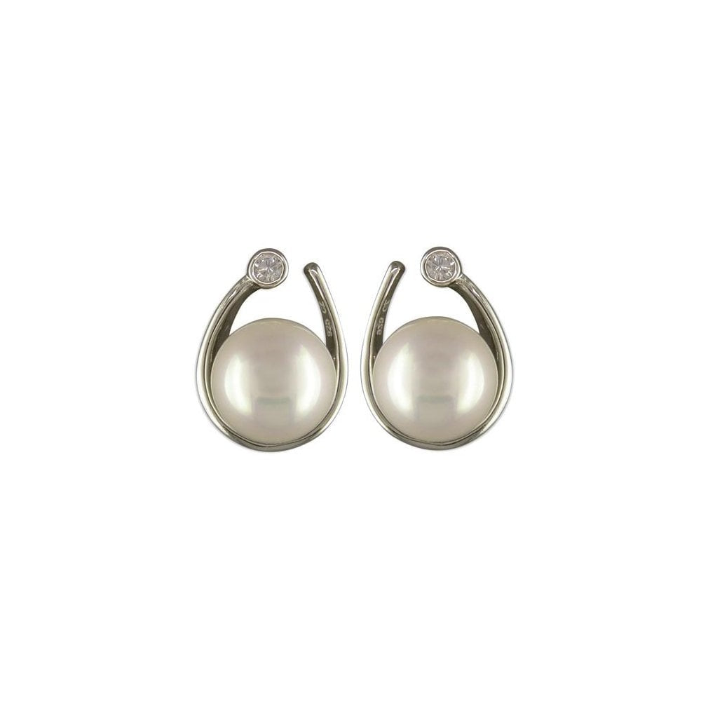 STERLING SILVER PEARL AND CUBIC ZIRCONIA IN LOOP STUD EARRINGS