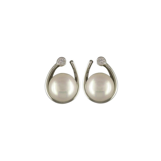 STERLING SILVER PEARL AND CUBIC ZIRCONIA IN LOOP STUD EARRINGS