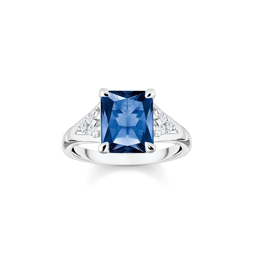 STERLING SILVER RECTANGULAR SAPPHIRE BLUE RING WITH ZIRCONIA