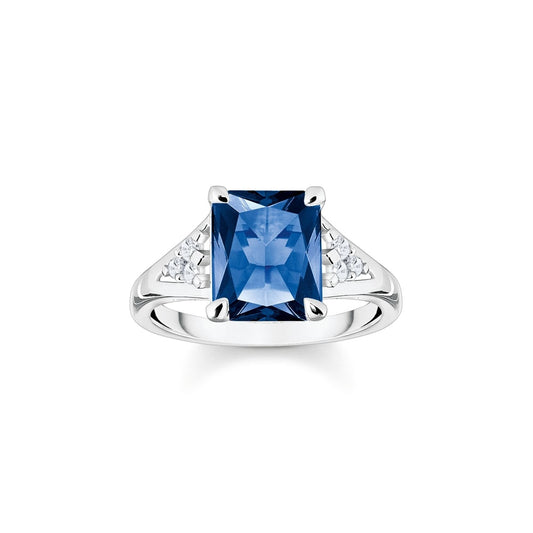 STERLING SILVER RECTANGULAR SAPPHIRE BLUE RING WITH ZIRCONIA