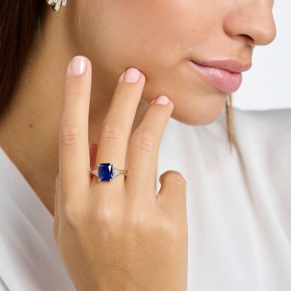STERLING SILVER RECTANGULAR SAPPHIRE BLUE RING WITH ZIRCONIA