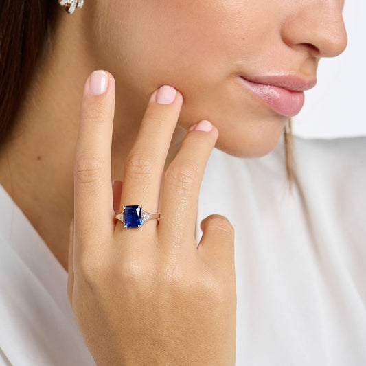 STERLING SILVER RECTANGULAR SAPPHIRE BLUE RING WITH ZIRCONIA