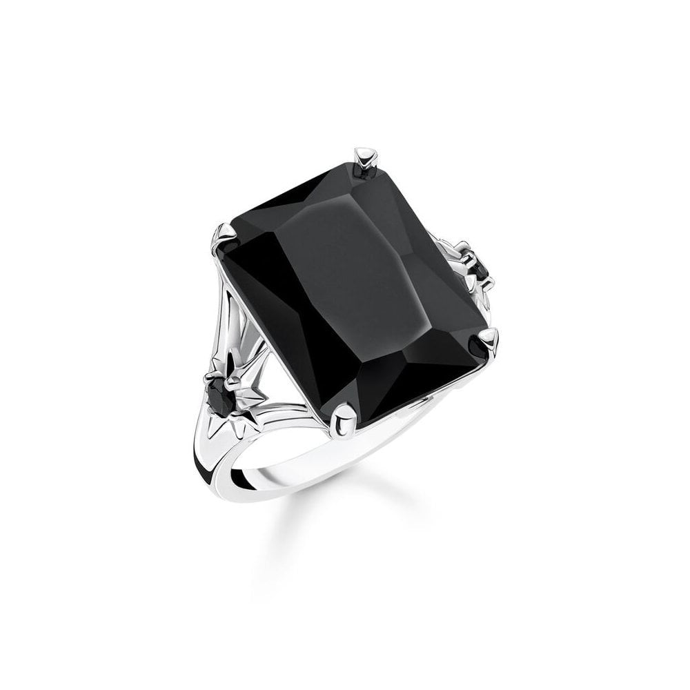 STERLING SILVER RECTANGULAR SHAPED LARGE BLACK ONYX RING WITH A BLACK ONYX STAR ON EACH SIDE