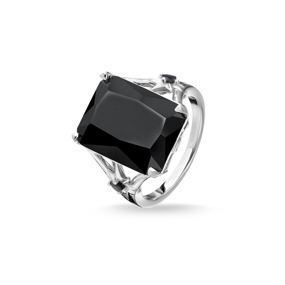 STERLING SILVER RECTANGULAR SHAPED LARGE BLACK ONYX RING WITH A BLACK ONYX STAR ON EACH SIDE