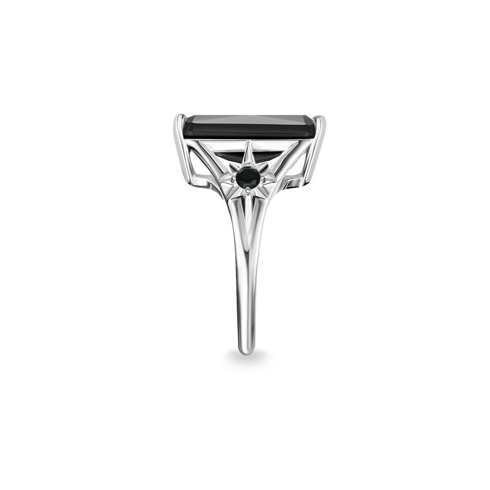 STERLING SILVER RECTANGULAR SHAPED LARGE BLACK ONYX RING WITH A BLACK ONYX STAR ON EACH SIDE