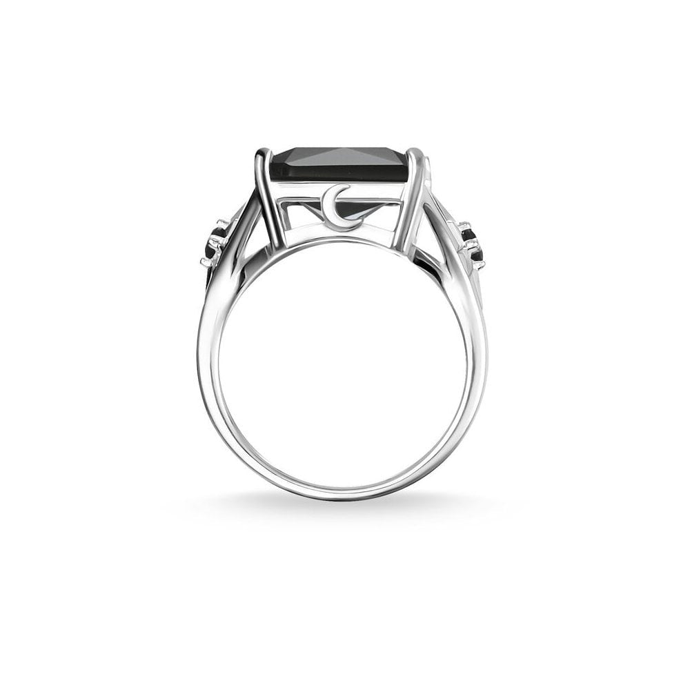 STERLING SILVER RECTANGULAR SHAPED LARGE BLACK ONYX RING WITH A BLACK ONYX STAR ON EACH SIDE