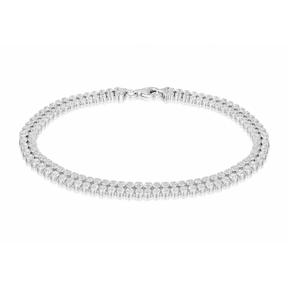 STERLING SILVER RHODIUM PLATED 2MM ROUND CZ DOUBLE-ROW TENNIS BRACELET 19CM/7.5"