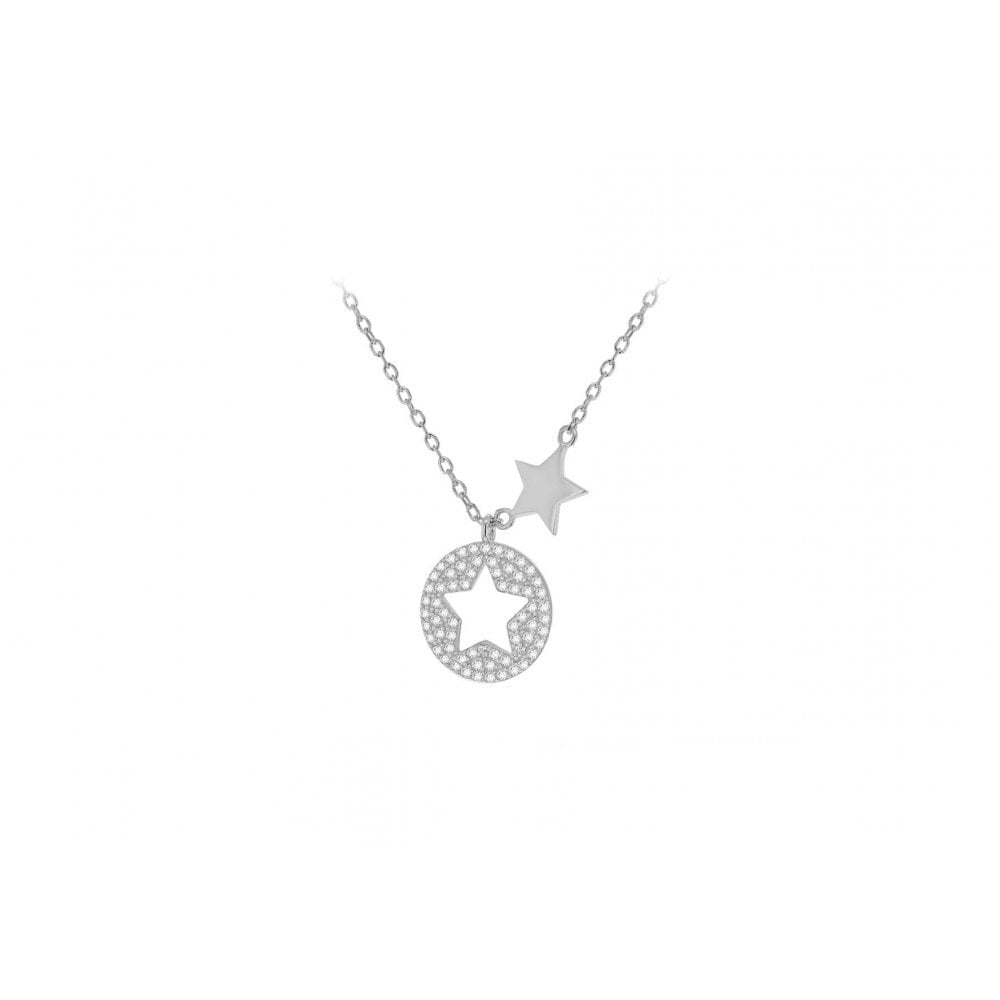 STERLING SILVER RHODIUM PLATED CZ 13.3MM X 16.3MM CUTOUT-STAR DISC & STAR ADJUSTABLE NECKLACE