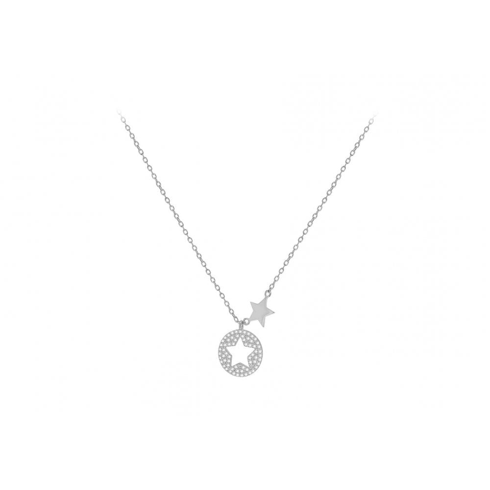 STERLING SILVER RHODIUM PLATED CZ 13.3MM X 16.3MM CUTOUT-STAR DISC & STAR ADJUSTABLE NECKLACE