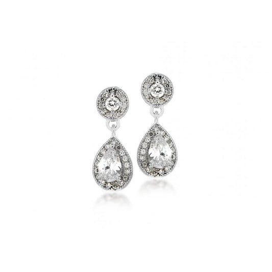 STERLING SILVER RHODIUM PLATED CZ 7MM X 17MM TEARDROP EARRINGS