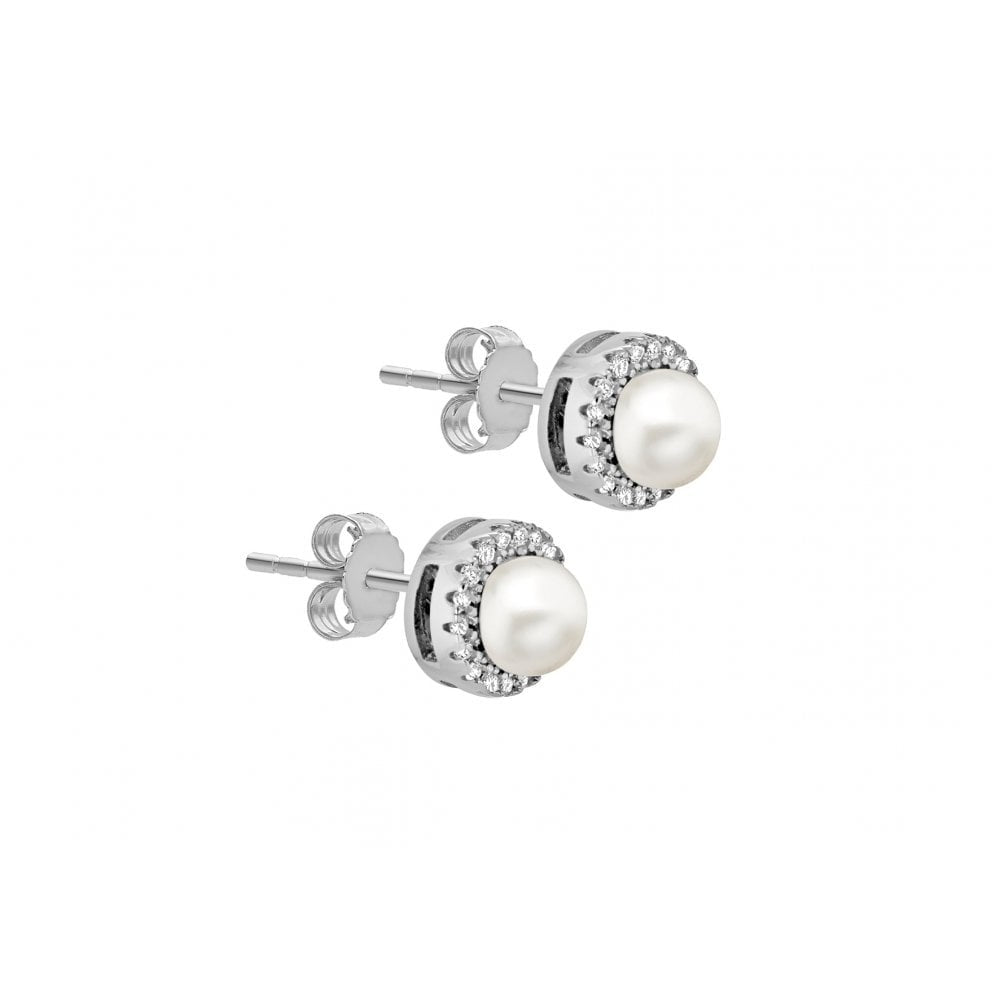 STERLING SILVER RHODIUM PLATED CZ AND FRESH WATER PEARL 7.7MM STUD EARRINGS