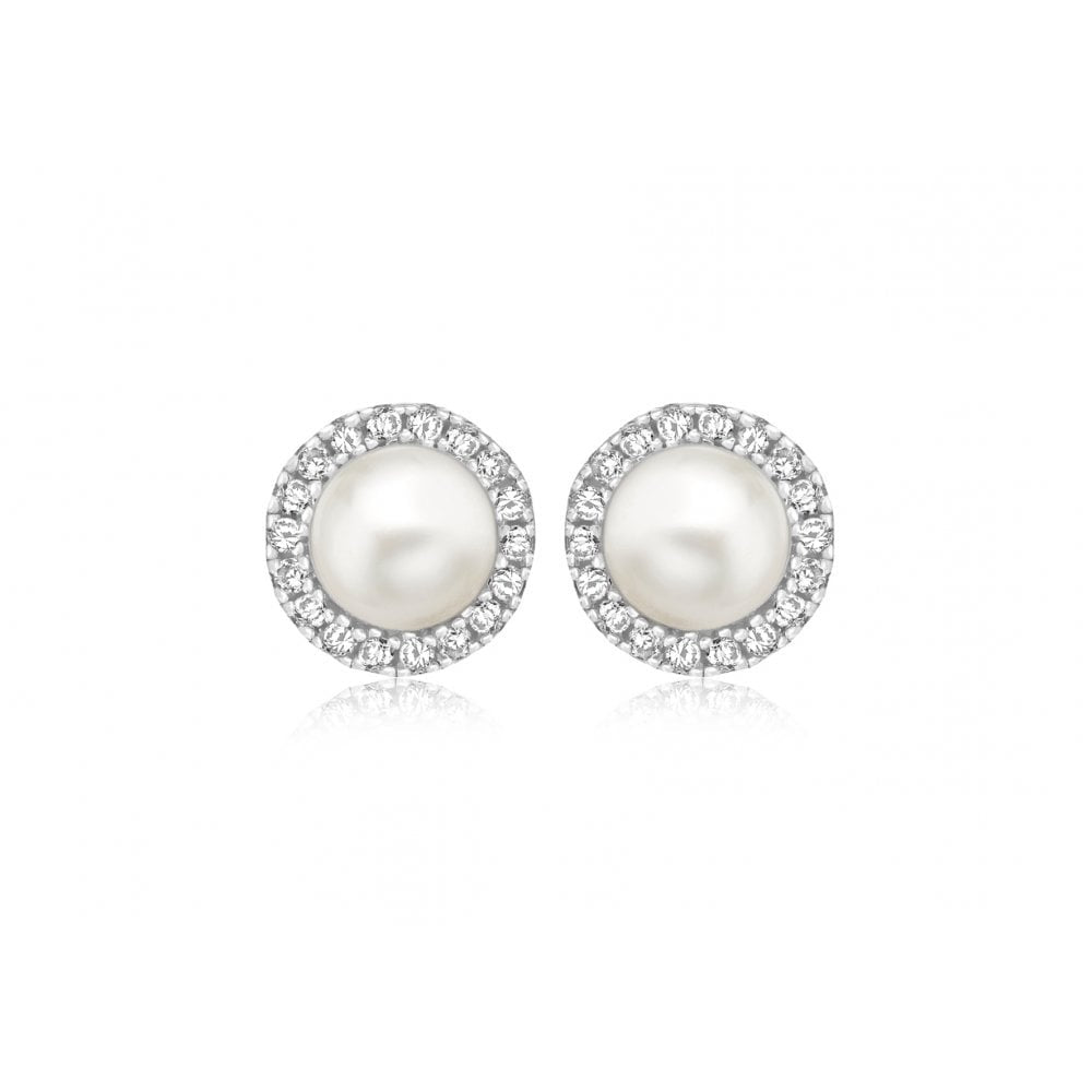 STERLING SILVER RHODIUM PLATED CZ AND FRESH WATER PEARL 7.7MM STUD EARRINGS