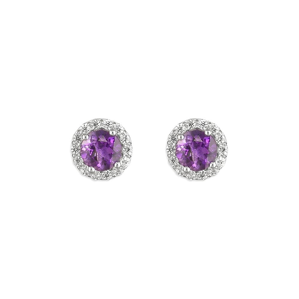 STERLING SILVER ROUND AMETHYST WITH CUBIC ZIRCONIA HALO STUD EARRINGS