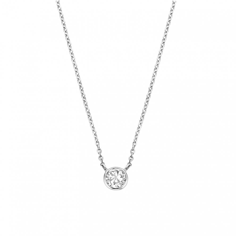 STERLING SILVER RUBOVER SET SINGLE CUBIC ZIRCONIA PENDANT WITH ADJUSTABLE CHAIN